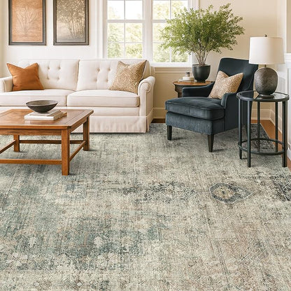 8x10 Farmhouse Rugs for Living Room - Moss Green Brown Large Area Rug for Bedroom, Dining Room, Home Office, Soft Washable & Stain Resistance