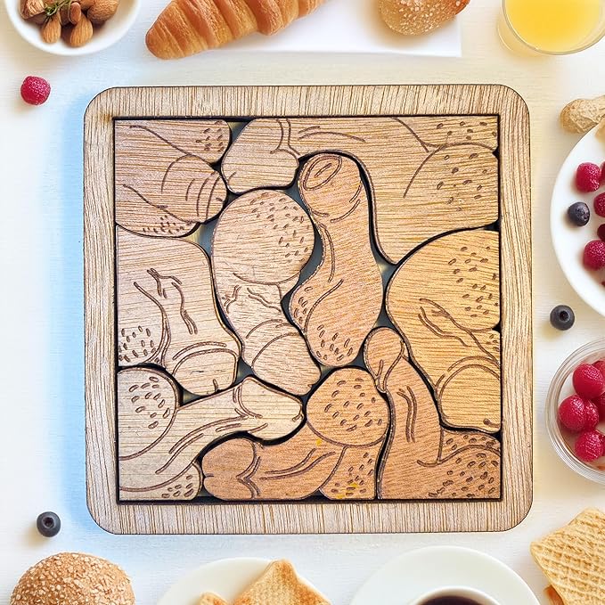 Funny Penis Wooden Puzzle Coasters Set - Unique and Playful Adult Drink Coasters with Holder - Perfect Fuck for Bachelor/Bachelorette Parties, Gag Gifts, and Fun Home Decor