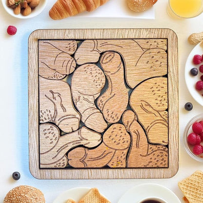 Funny Penis Wooden Puzzle Coasters Set - Unique and Playful Adult Drink Coasters with Holder - Perfect Fuck for Bachelor/Bachelorette Parties, Gag Gifts, and Fun Home Decor