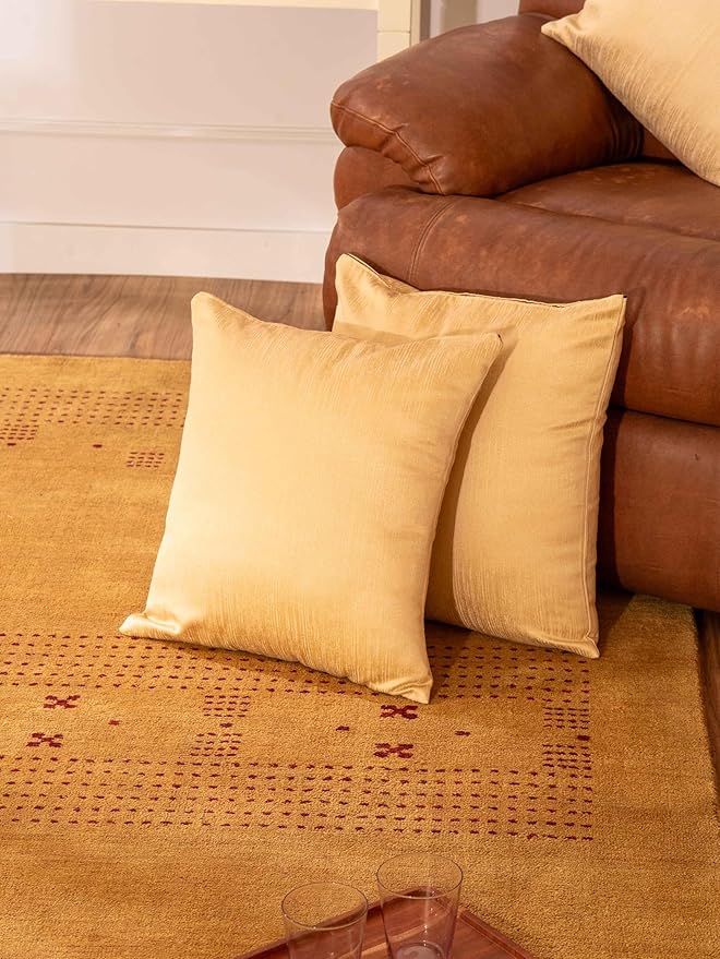 Decorative Cushion Covers, 360 GSM Poly Cotton Jacquard Fabric, Plain Solid Textured, Light Gold, 18" x 18", Handmade, Eco-Friendly, Pack of 2