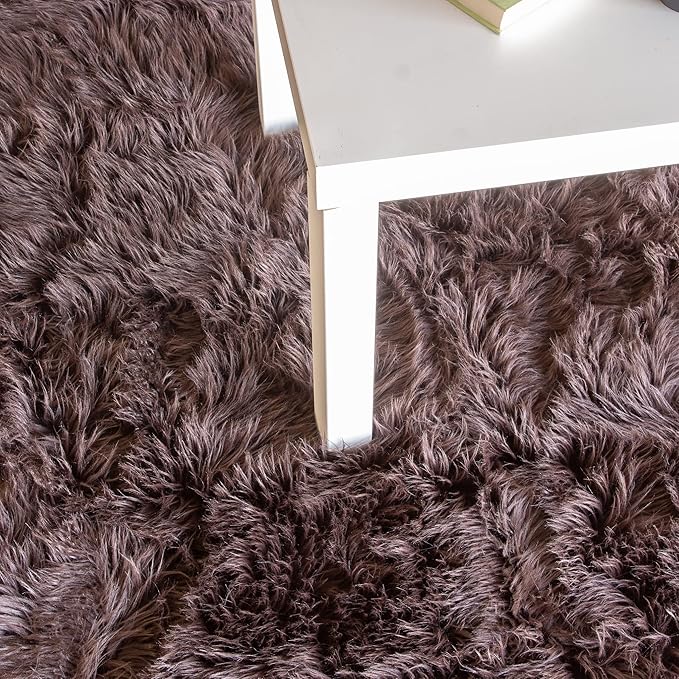 Super Area Rugs Ultra Soft & Fluffy Faux Sheepskin Rug, Dark Brown 6 x 9 Feet Carpet for Bedroom Living Room