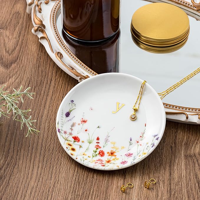 Crisky Initial Jewelry Tray Ring Dish & Gift Box, Ceramic Flower Trinket Dish for Rings Earrings Necklaces Keys, Bridal Shower Engagement Birthday Gift for Women, Friends 4.57" (Gold Foil Y
