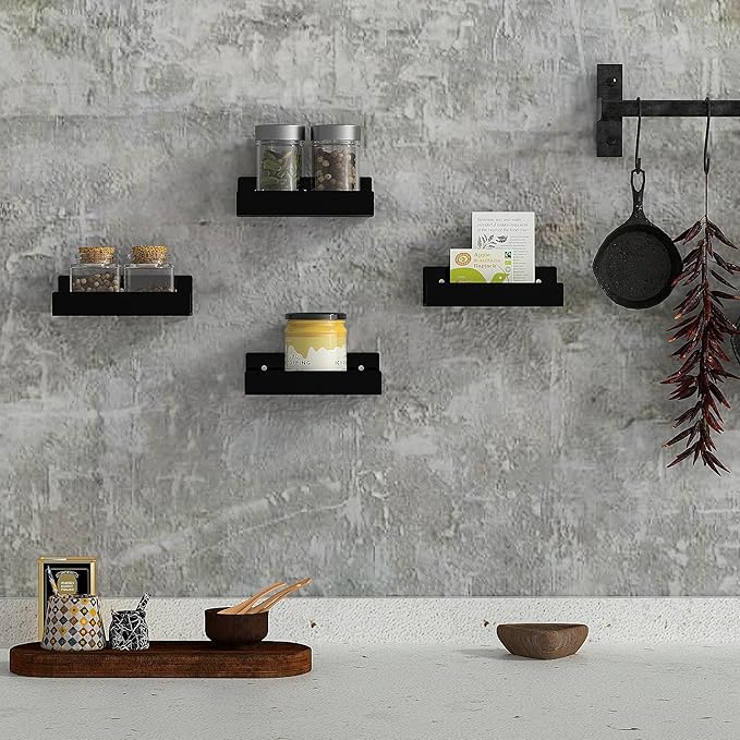 7 Inches Black Acrylic Wall Shelves for Home Décor, 2 Pack, Acrylic Dining Room Organizer Shelves for Wall, Wall Mounted Storage Display Shelf