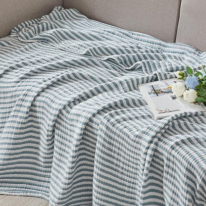 EMME Cotton Muslin King Blanket Bed Layering Bedspread Coverlet Breathable Gauze Soft Lightweight (Striped Teal, 108"x90")