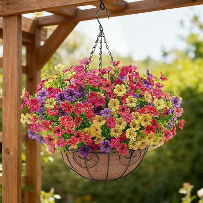 Artificial Faux Hanging Flowers Plants Basket for Outdoors Outside Spring Summer Decoration,Hanging Planters with Silk Fake Flowers Realistic UV Resistant Balcony Porch Garden Patio Home(4 Multicolor)