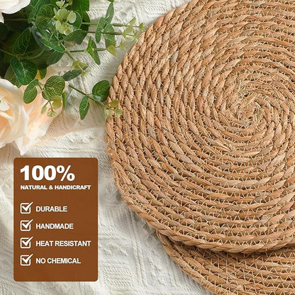 Round Woven Placemats - Boho Rattan Natural Water Hyacinth, Farmhouse Weave Place Mats, Rustic Braided Wicker Table Mats for Dining Table, Home, Wedding (13 Inch Set of 8)