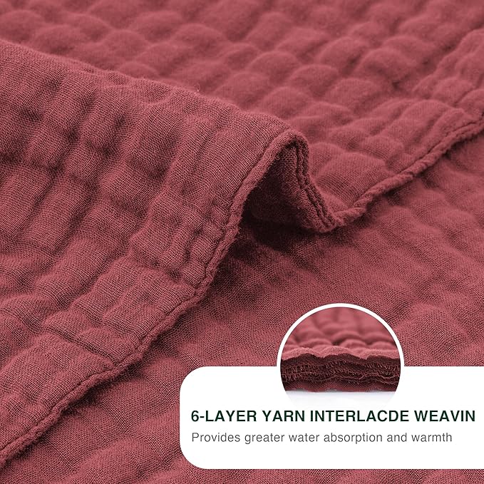 Love's cabin 6 Layer 100% Cotton Muslin Blanket, 108"x90" Muslin King Size Blanket for Bed Couch, Lightweight and Breathable Cotton Gauze for Adult, Wine Red