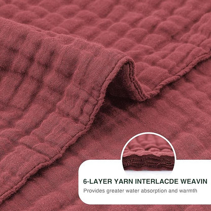 Love's cabin 6 Layer 100% Cotton Muslin Blanket, 108"x90" Muslin King Size Blanket for Bed Couch, Lightweight and Breathable Cotton Gauze for Adult, Wine Red