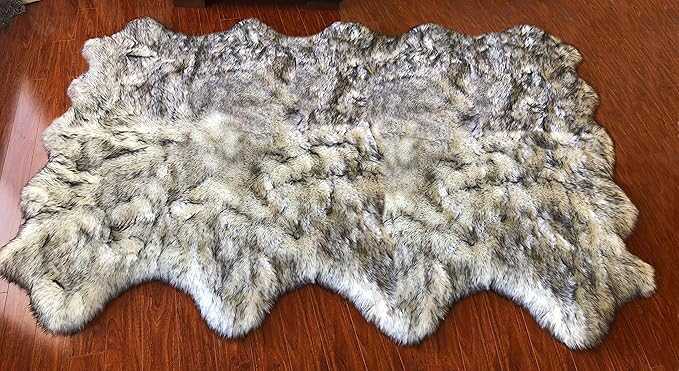 Free Shape Luxury Soft Fluffy Shag Area Rug Octo 8 Pelts 6'x8',180x240 cm - Vegan Fur Ultra Soft Indoor Carpet Nursery Rugs for Bedroom Home Decor, White with Black Tips