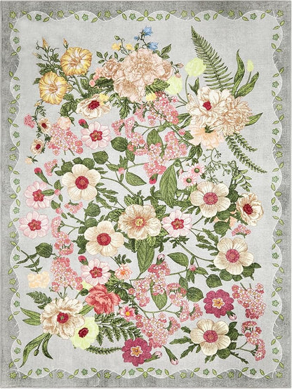 Floral Area Rug Living Room - 8x10 Washable Rugs Non-Slip Soft Bedroom Rugs Under Bed Stain Resistant Accent Indoor Floor Vintage Carpet for Dining Room Kids Playroom Home Office Decor, Grey
