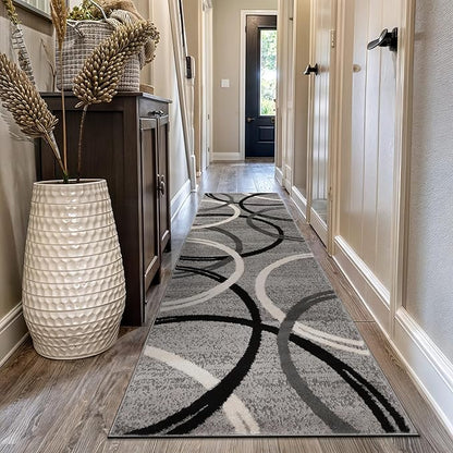 Rugshop Wavy Circles Design Runner Rug, Non-Shedding Carpet for Hallway, Kitchen, or Entryway, Gray, 2'7" x 12'