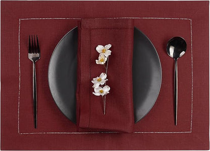 D'Moksha Homes Linen Placemats Set of 4 - Classic Hemstitch Dark Red Placemats 14 x 19 Inch - 100% Pure Linen Table Mats for Valentines, Holiday, New Year - Handcrafted and Machine Washable