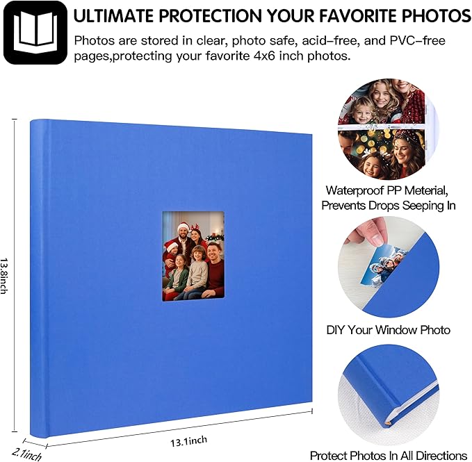Photo Album 4x6 600 Photos with Writing Space,4 x 6 Photo Book Linen Cover with Front Window, 4x6 Picture Album, 600 Photos Photo Album Book for Wedding Kids Travel Family Baby Pictures (Blue)