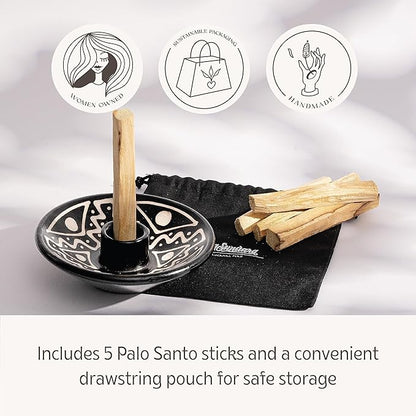 Luna Sundara Authentic Peru Pottery Palo Santo Stick Holder and Incense Holder with 5 Palo Santo Sticks Handmade Ceramic Smudge Bowl Sage Holder Black and White Gift Set