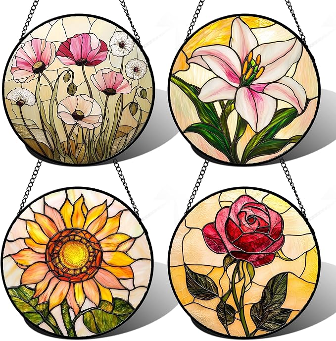 Stained Glass Window Hanging 4 Pcs Set Lily Rose Sunflower Poppy 7.8" - Flower Suncatcher Door Garden Sun Catcher Decor Birthday Mother's Day for Wife Woman Nana Girl