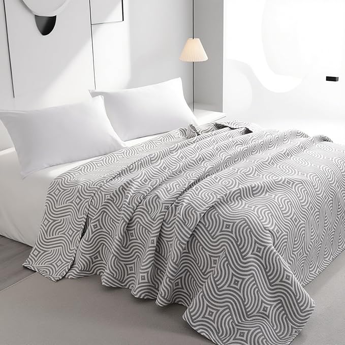 NTBAY 3 Layers Cotton Muslin 68x92 Twin Bed Blanket, Super Soft Breathable Thermal Yarn Dyed Quilt for Adults, Perfect Lightweight Blanket for Couch Sofa Bed All Seasons, Grey Geometric Ripples