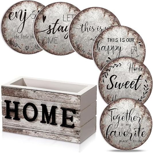 Queekay Coasters Set of 6 House Warming Gifts New Home Wooden Farmhouse Drink Coasters with Holder 4'' Funny Decoration for Kitchen Family Coffee Bar Tabletop Protection(Rust Color)