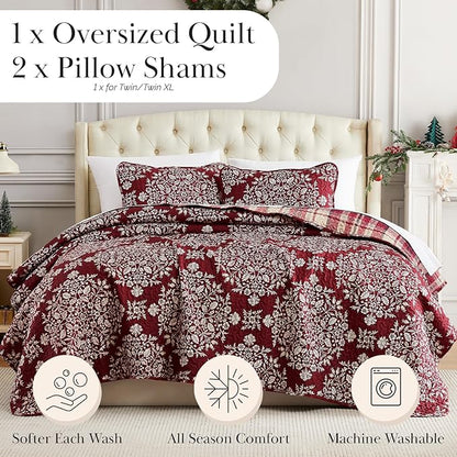 Southshore Fine Living King Size Christmas Quilt with 2 Pillow Shams - Reversible Red Plaid Christmas Bedding Holiday Decor King Coverlet - Red Plaid