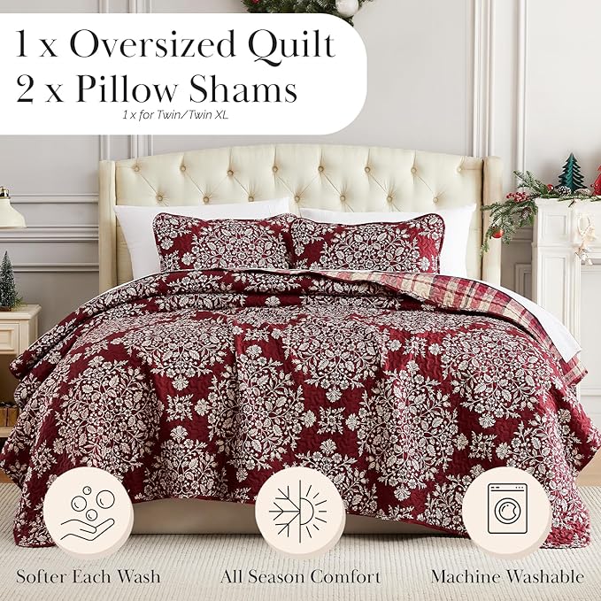 Southshore Fine Living, Inc. Christmas Quilt, Queen Size Size with 2 Pillow Shams, Reversible Plaid Christmas Bedding Set, Coverlet Queen Size - Red Plaid