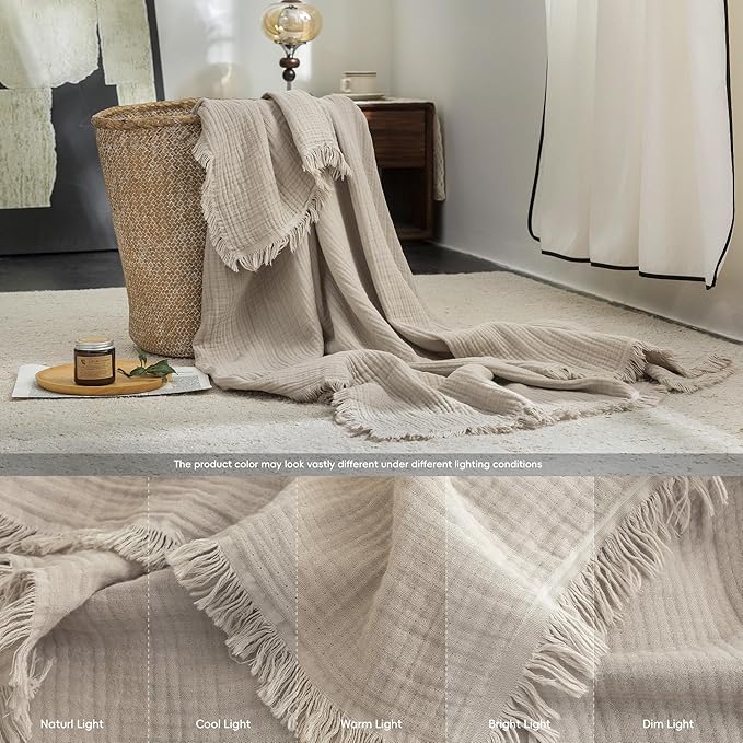 FOSSA Muslin Blanket with Fringe - 4-Layer 100% Cotton Gauze Super Soft & Breathable Throw -Lightweight Decorative Cooling Blanket for Bed, Sofa, Office -Oversize Queen Size 98" × 98" (Beige Gray)