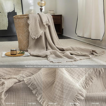 FOSSA Muslin Blanket with Fringe - 4-Layer 100% Cotton Gauze Super Soft & Breathable Throw -Lightweight Decorative Cooling Blanket for Bed, Sofa, Office - Super King Size 108" × 98" (Beige Gray)