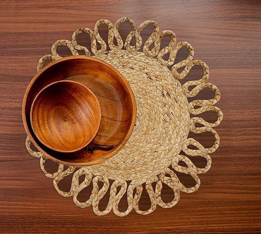 MORE Jute Hand Braided Placemats Set of 6 | 15 Inches Round Tablemats for Kitchen, Dining Table Top Rug Mats & Dinner Table Placemat Pads Mates | Rustic Natural Fiber Vintage Rugs Mat, Natural Beige