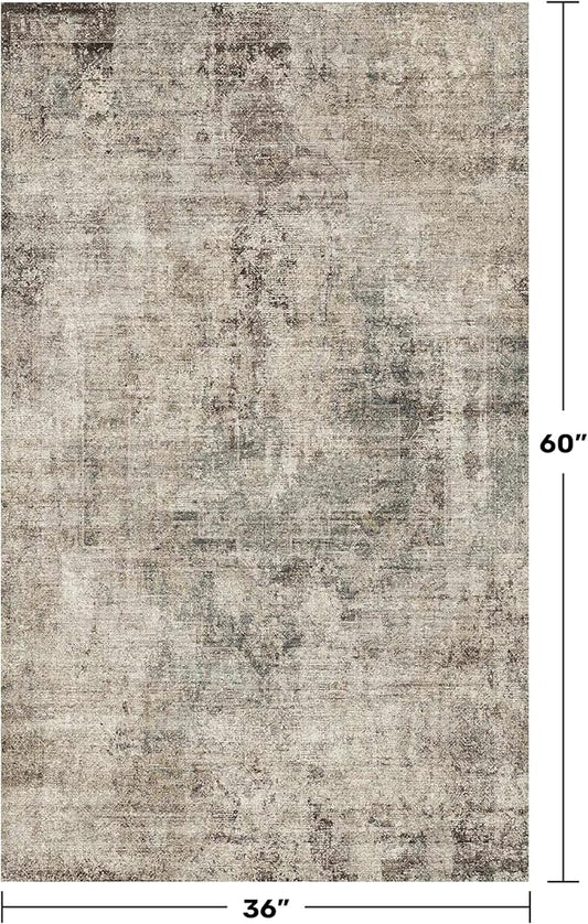 3x5 Entryway Rugs Indoor - Taupe Washable Farmhouse Area Rug for Bedroom, Kitchen, Laundry Room, Brown Vintage Home Décor, Low Pile & Soft Stain Resistant Carpet
