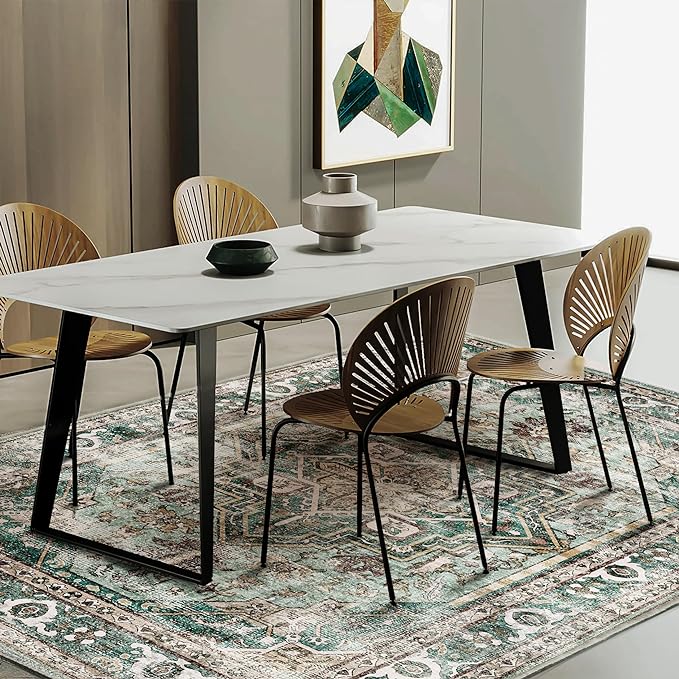 Green Area Rug 9'x12' Washable Vintage Traditional Mat Distressed Indoor Foldable Thin Retro Accent Floral Print Rug Non Slip Carpet for Living Room Dining Room Office