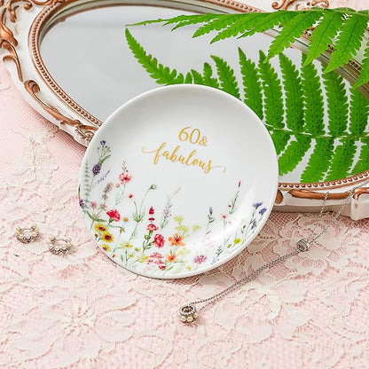 Crisky 60 Fabulous Jewelry Ring Dish for Women 60th Birthday Gifts Idea for 60 Year Old Gifts for Her Friend Sister Wife Mom Aunt Female Coworkers