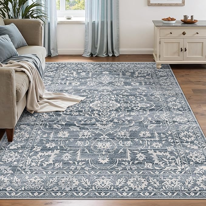 Area Rugs 5x7 for Living Room, Floral Washable Rugs for Dining Room, Bedroom, Kitchen, Vintage Non-Slip Thin Area Rug(Blue, 5'x7')
