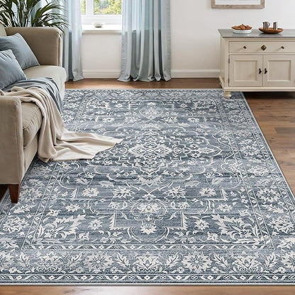 Area Rugs 5x7 for Living Room, Floral Washable Rugs for Dining Room, Bedroom, Kitchen, Vintage Non-Slip Thin Area Rug(Blue, 5'x7')