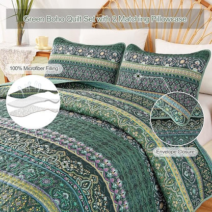 WONGS BEDDING Boho Quilt Queen Size, Green Bohemian Queen Quilt, Lightweight Microfiber Bed Decor Bedspread for All Season 96"x90"(3 Pieces)