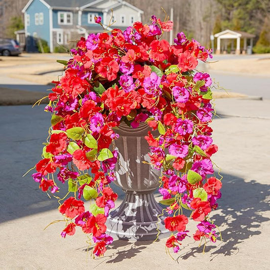 Fake Hibiscus Artificial Hanging Flowers Plants for Outdoors Spring Decoration, 4pcs Silk Hibiscus Vines Realistic UV Resistant Faux Flowers for Outside Planter Porch Patio Yard Wedding Party, Mix