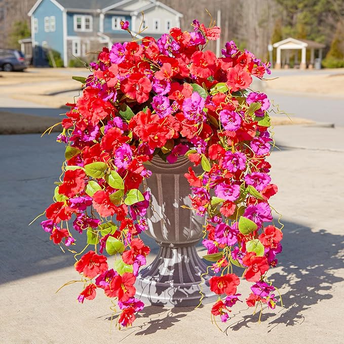 Fake Hibiscus Artificial Hanging Flowers Plants for Outdoors Spring Decoration, 2pcs Silk Hibiscus Vines Realistic UV Resistant Red Faux Flowers for Outside Planter Porch Patio Yard Home Wedding Party