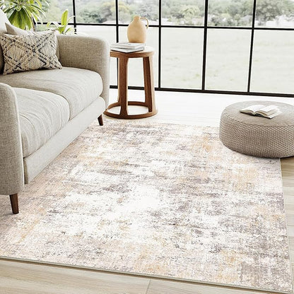 4x5 Washable Area Rug Beige Grey Abstract Entryway Office Throw Rug Neutral Modern Non Slip Soft Low Pile Indoor Carpet for Living Room Bedroom Kitchen Entrance