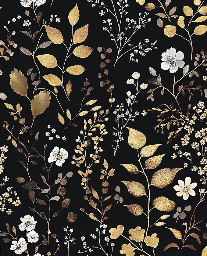 Boho Wallpaper Peel and Stick Dark Floral Wallpaper 17.5in x118in Vintage Leaf Contact Paper Vinyl Waterproof Self Adhesive Golden Leaf Botanical Wall Paper for Cabinet Table Drawer Decor