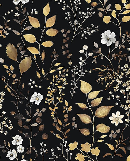 Boho Wallpaper Peel and Stick Dark Floral Wallpaper 17.5in x393in Vintage Leaf Contact Paper Vinyl Waterproof Self Adhesive Golden Leaf Botanical Wall Paper for Cabinet Table Drawer Decor