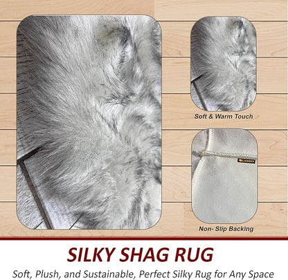Free Shape Luxury Soft Fluffy Shag Area Rug Single and a Half 2'x4', 60x120cm - Vegan Fur Ultra Soft Indoor Carpet Nursery Rugs for Bedroom Home Decor, White with Black Tips