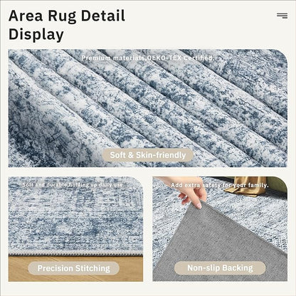 5x7 Area Rugs Blue Low Pile Indoor Washable Trendy Faded Style Rugs for Bedroom Living Room Dining Room Foldable Non-Slip Thin Print Mat