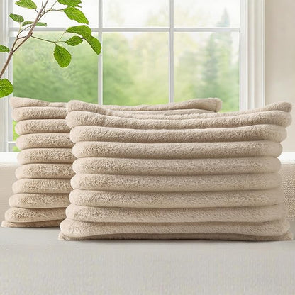 decorUhome Faux Fur Spring Throw Pillow Covers 12x20 Set of 2, Decorative Soft Plush Striped Lumbar Neutral Couch Pillow Covers with Velvet Back for Sofa, Bed, Living Room Home, Khaki Brown