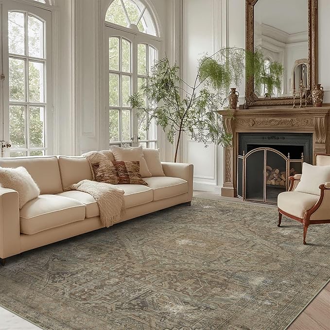 vivorug 4x6 Rug, Small Area Rug for Living Room, Bedroom, Kitchen, Machine Washable Non-Slip Throw Rug, Vintage Carpet for Entryway Nursery Coffee Table - Durable (Olive)