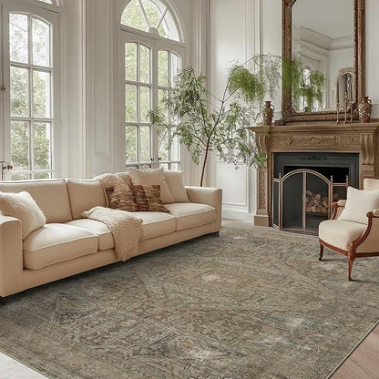 vivorug 6x9 Area Rugs, Ultra-Soft Washable Rug for Living Room Dinner Room Bedroom, Non-Slip Vintage Rug, Indoor Carpet Large Area Rug, Olive