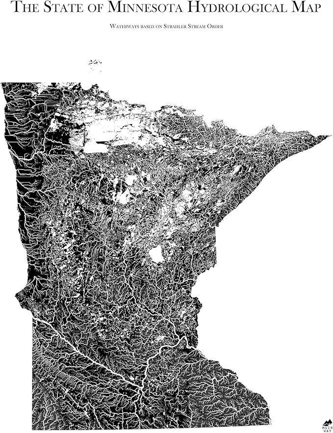 Muir Way Hydrological River Map of Minnesota - Watershed Topographic Wall Art for Home, Office, or Travel Decor - Unframed Flat Paper Print, 24x30