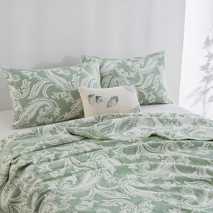 100% Cotton Muslin Jacquard 2 Piece Quilt Set Paisley Print, Soft 3 Layers Gauze Bed Cover Reversible Bedspread Coverlet Breathable Lightweight Bedding Set, Twin