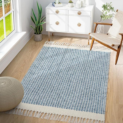 Lahome Boho Bedroom Rug, 3x5 Blue Office Rug Lightweight Bath Door Mats Indoor Woven Entry Rugs with Tassels, Non Shedding Washable Throw Farmhouse Carpet for Living Room Camper RV