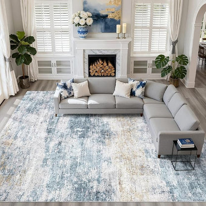 10x12 Area Rugs Living Room: Washable Large Neutral Rug Abstract Soft Modern Stain Resistant Indoor Floor Non-Slip Carpet for Bedroom Nursery Kids Office Playroom Dining Room Under Table- Blue Gold