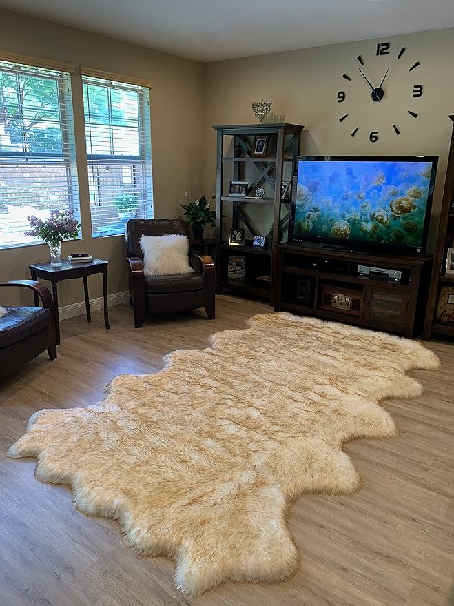 LAMBZY Faux Sheepskin Super Soft Hypoallergenic Silky Shag Rug for Living Room, Kids Room, Sofa (Decto 10 Pelts 6'x10', White/Brown Tips)