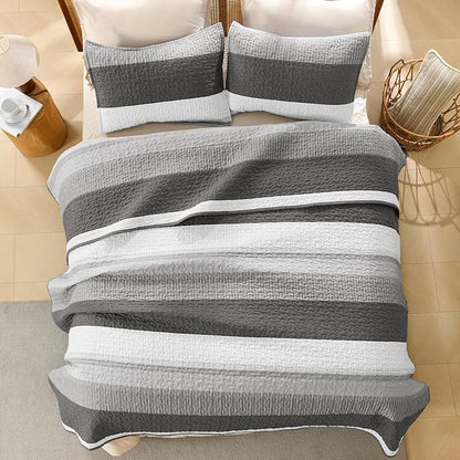 Litanika Quilt King Size Dark Grey, Stripe Patchwork Summer Bedspread Coverlet 3 Pieces, Soft Lightweight Microfiber Quilted Bedding Set for All Season(1 Quilt, 2 Pillowcases)