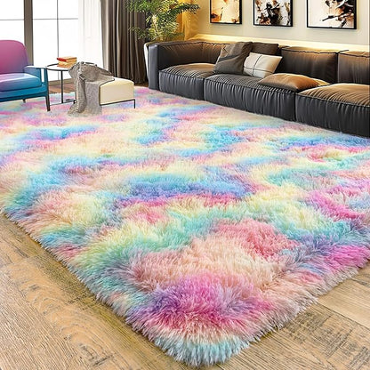 Ultra Fluffy Area Rugs for Living Room Bedroom, 6x9 Fuzzy Large Living Room Rugs, Thick Shag Rug for Dorm, Soft Non Slip Kids Girls Boys Rug for Home Decor Aesthetic, Rainbow