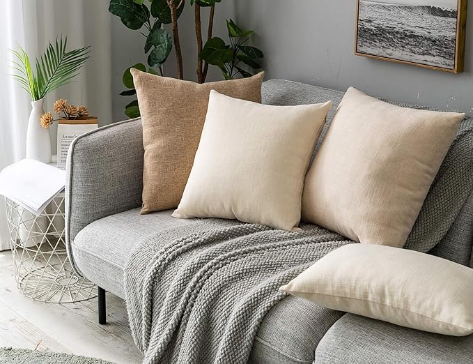 Stellhome Pack of 2 Burlap Throw Pillow Covers Farmhouse Linen Cushion Covers Pillowcase, Home Decor Decorations for Sofa Couch Bed Chair 22x22 Inch/55x55 cm, Cream